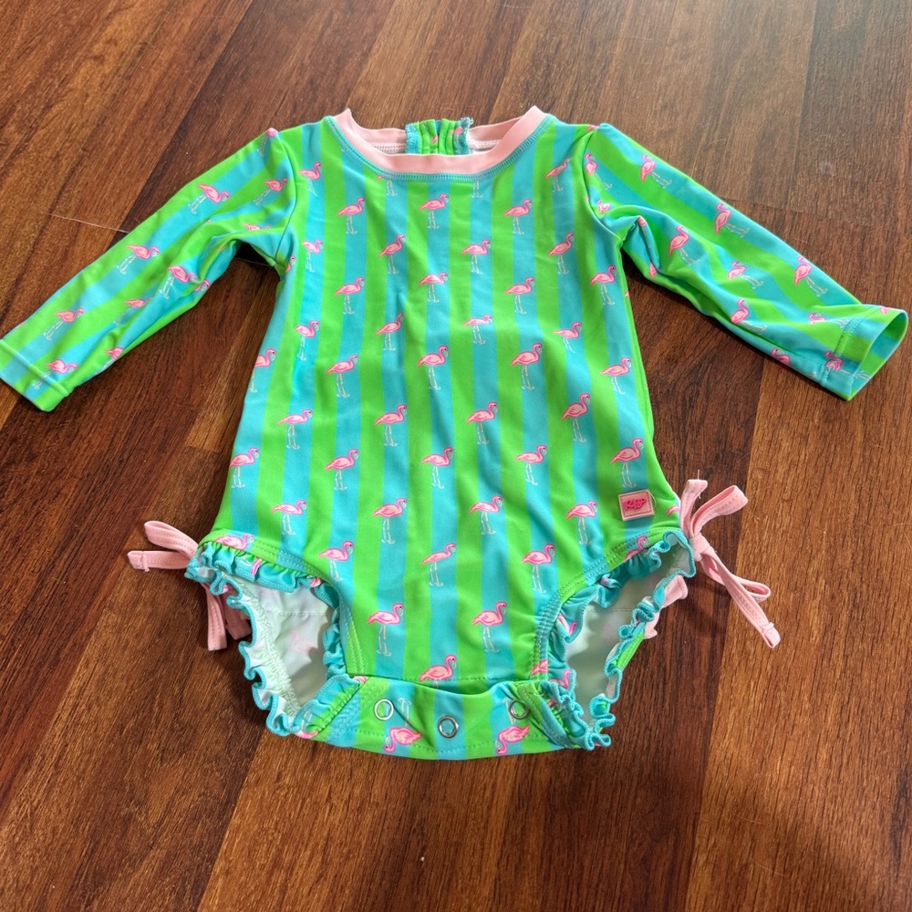 Ruffle Butts Green Flamingo Print Kids Swimwear - Picture 7 of 12